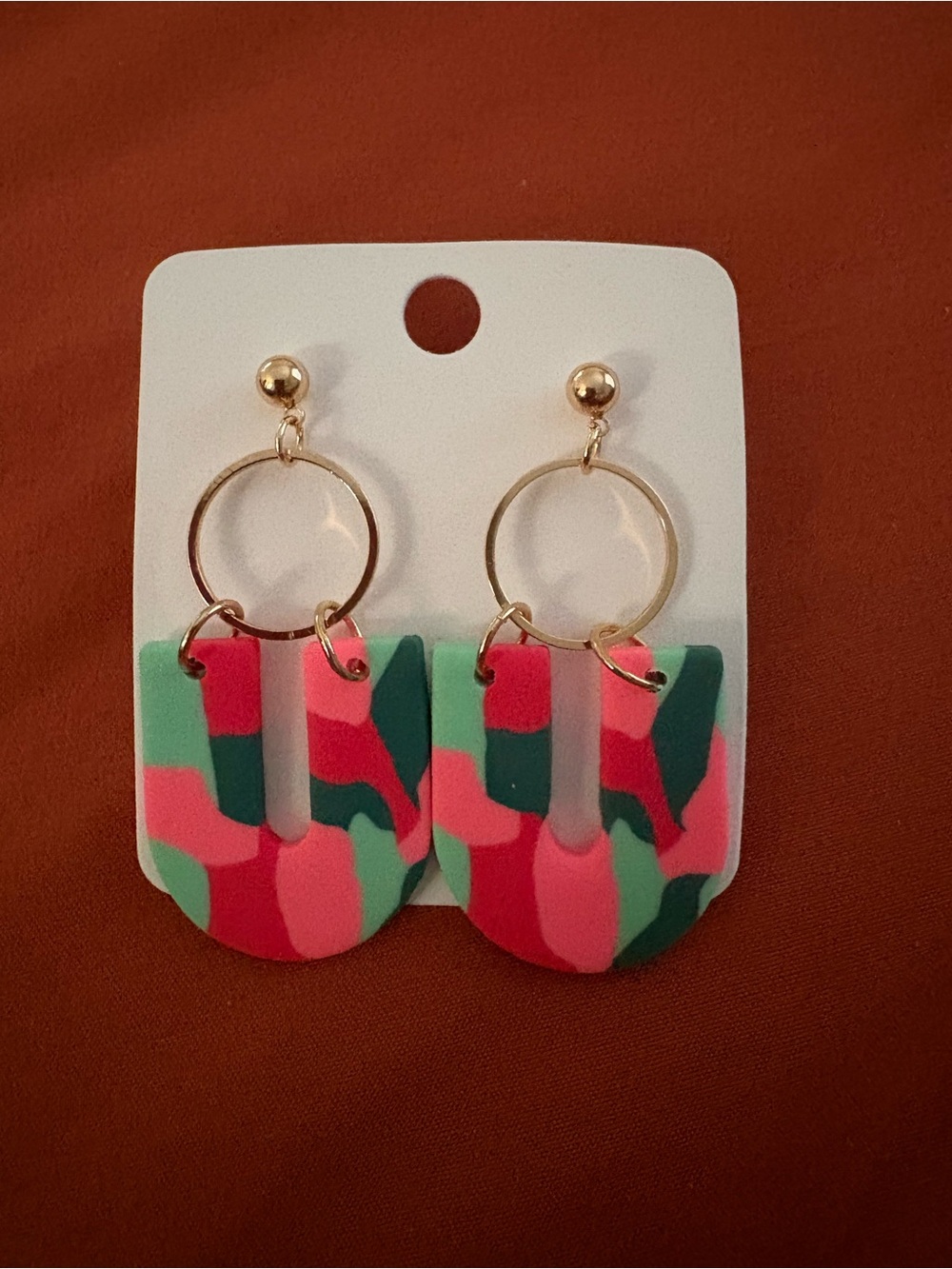 Gold Hoop Dangle Earrings with Pink & Green Patterned Drops